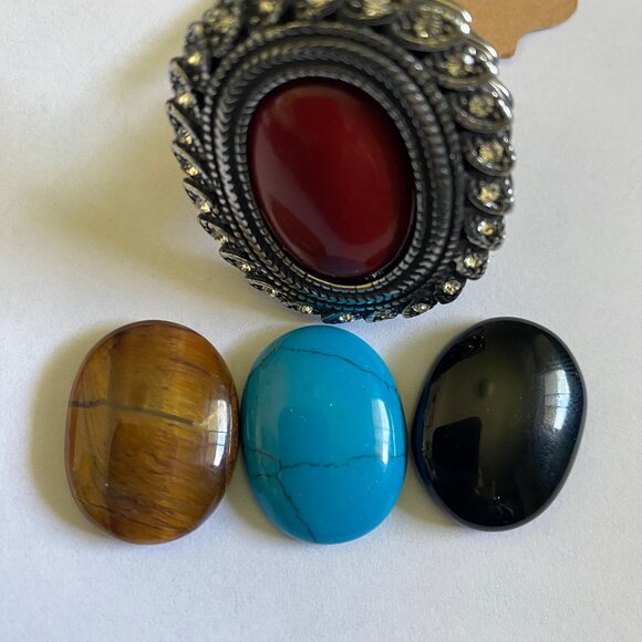 Exchangeable Gemstone Rocks Ring Stainless Steel W/Agate, Turquoise & Tiger Eye - Picture 8 of 8